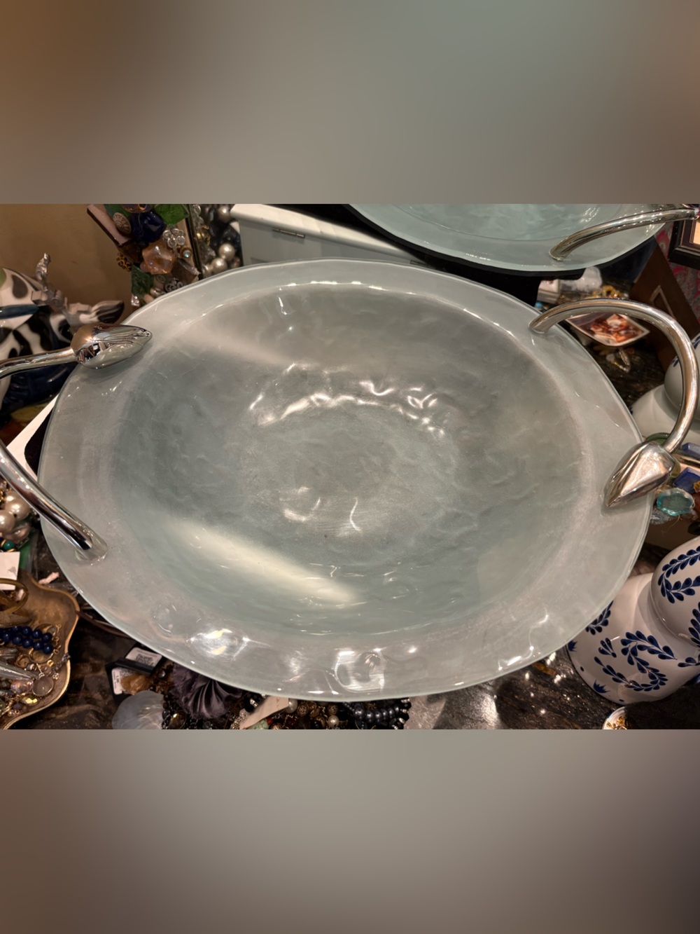 Michael Arams Tulip Platter Bowl Seafoam Glass Bowl Silver Handles.   14” x 13”